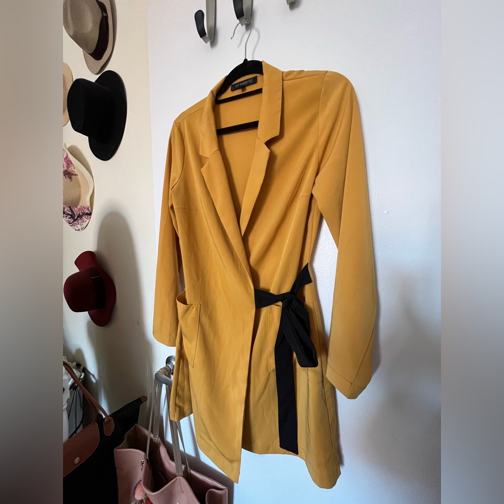 Dynamite mustard yellow blazer dress with black tie belt size S